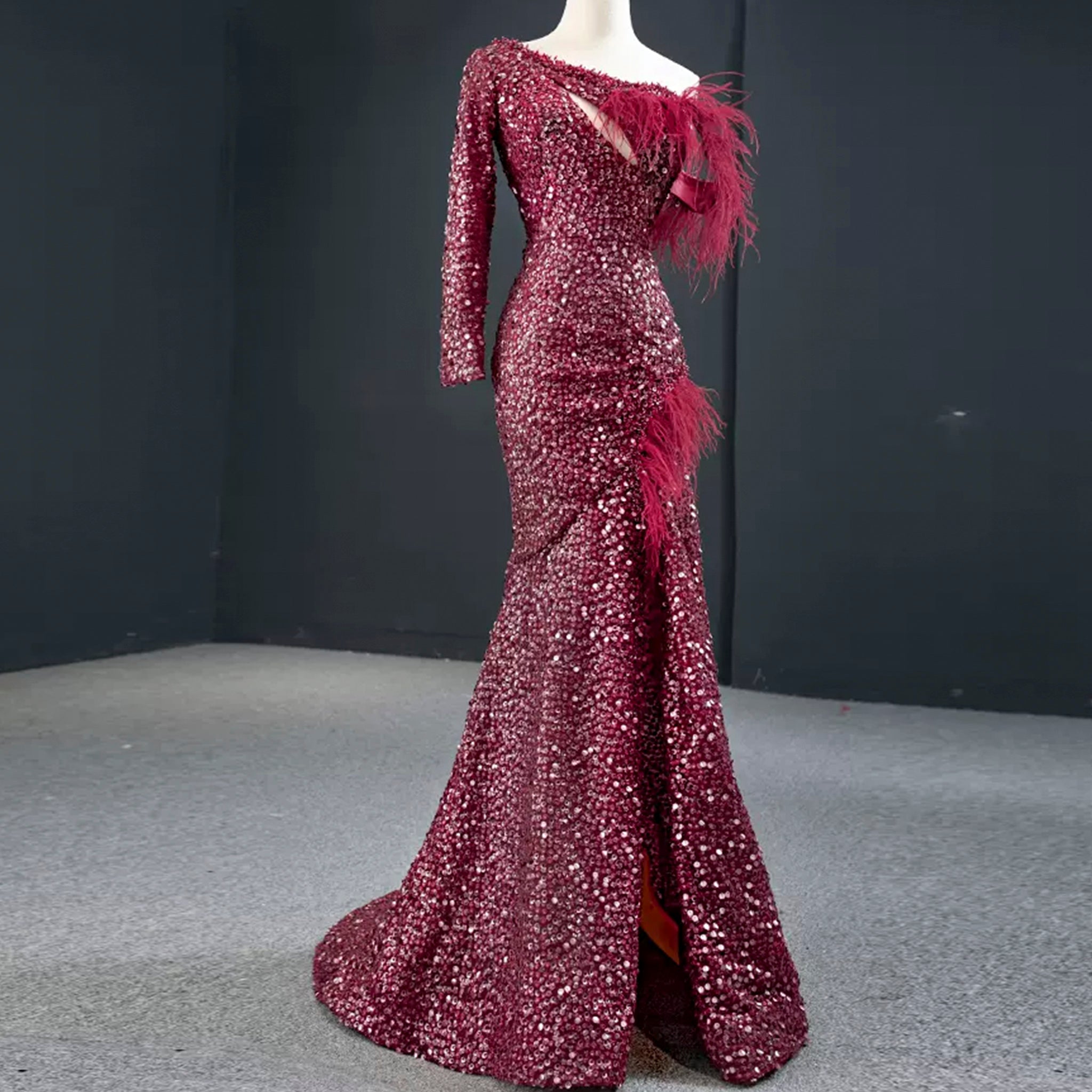 Burgundy Mermaid Sequins One Shoulder Long Sleeve Prom Dress Rosymae Burgundy Mermaid Sequins One Shoulder Long Sleeve Prom Dress Rosymae