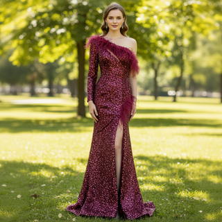 Burgundy Mermaid Sequins One Shoulder Long Sleeve Prom Dress