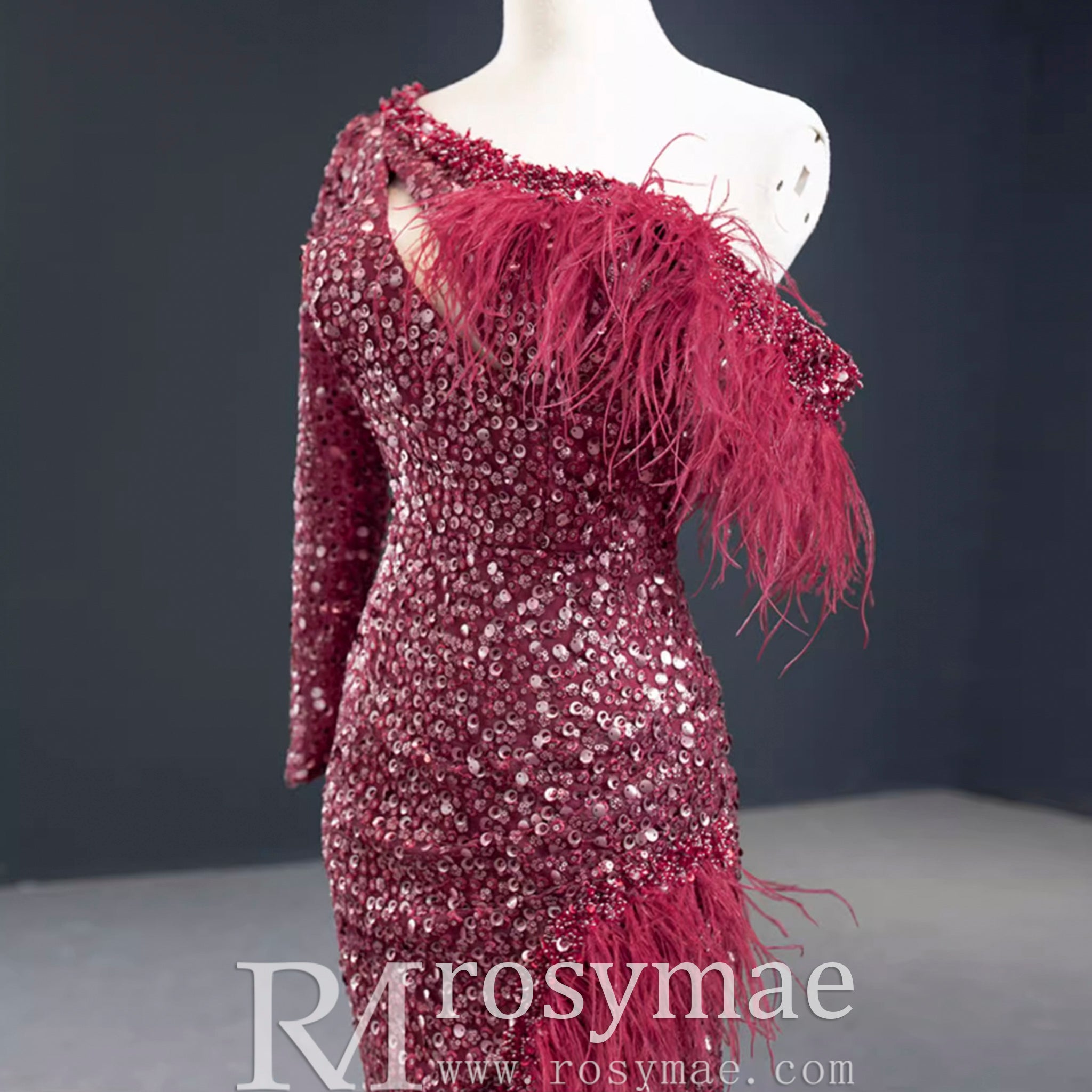 Burgundy Mermaid Sequins One Shoulder Long Sleeve Prom Dress Rosymae Burgundy Mermaid Sequins One Shoulder Long Sleeve Prom Dress Rosymae