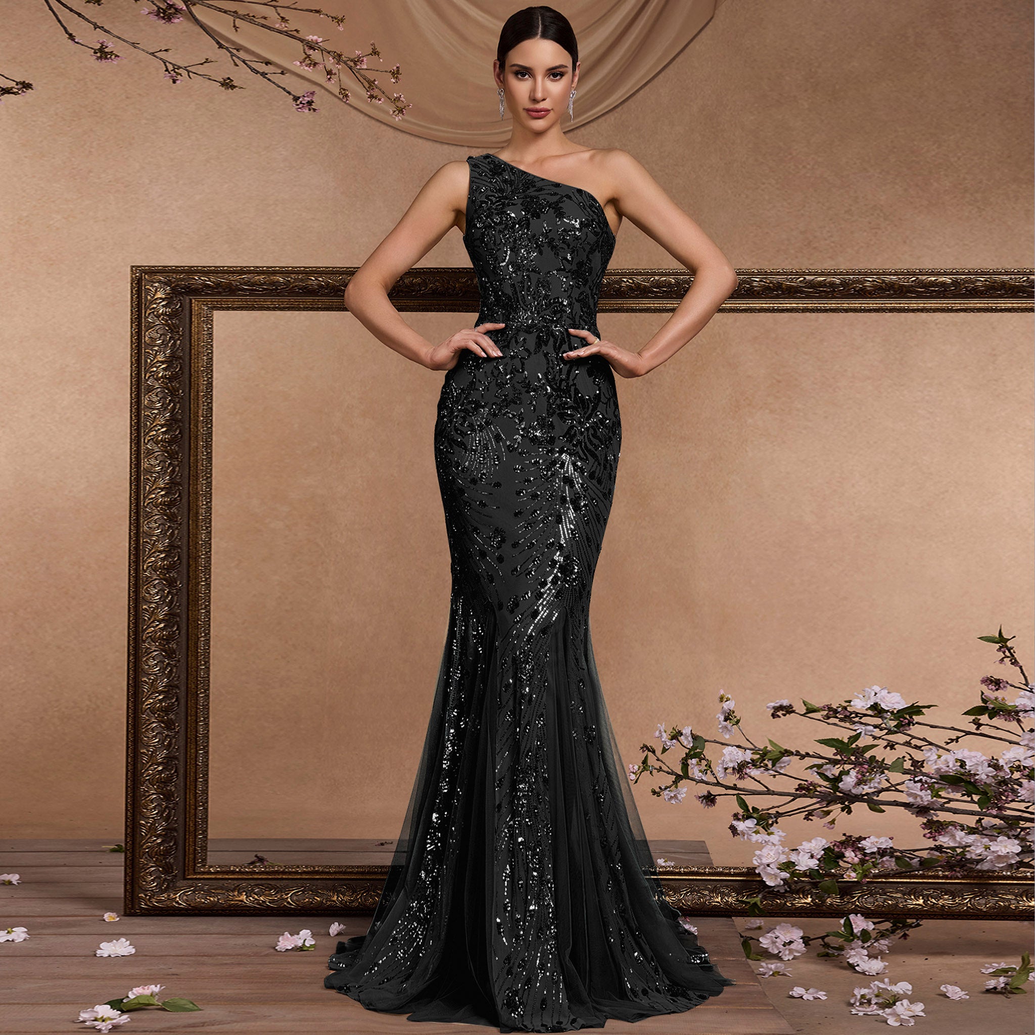 Elegant Mermaid One-Shoulder Long Black Prom Dress with Sequins Black / S Elegant Mermaid One-Shoulder Long Black Prom Dress with Sequins Black / S