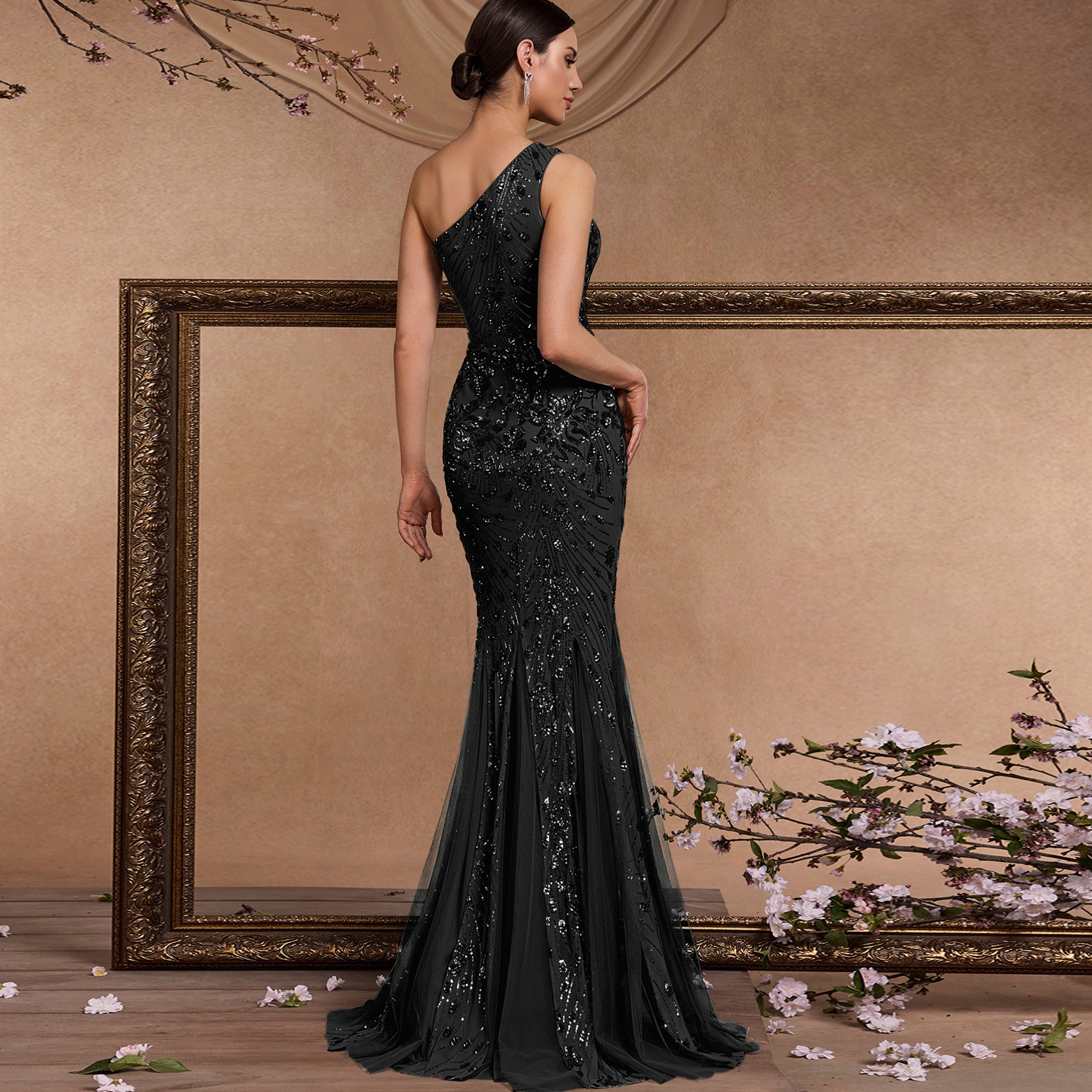 Elegant Mermaid One-Shoulder Long Black Prom Dress with Sequins Black / S Elegant Mermaid One-Shoulder Long Black Prom Dress with Sequins Black / S
