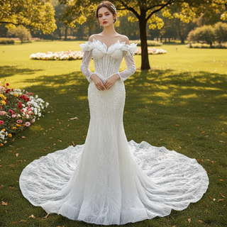 Off the Shoulder Mermaid Wedding Dress with Long Sleeves