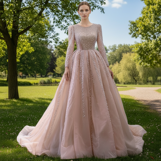 High-end Long Sleeve Ball Gowns Evening Pageant Dress with Pearl Beaded