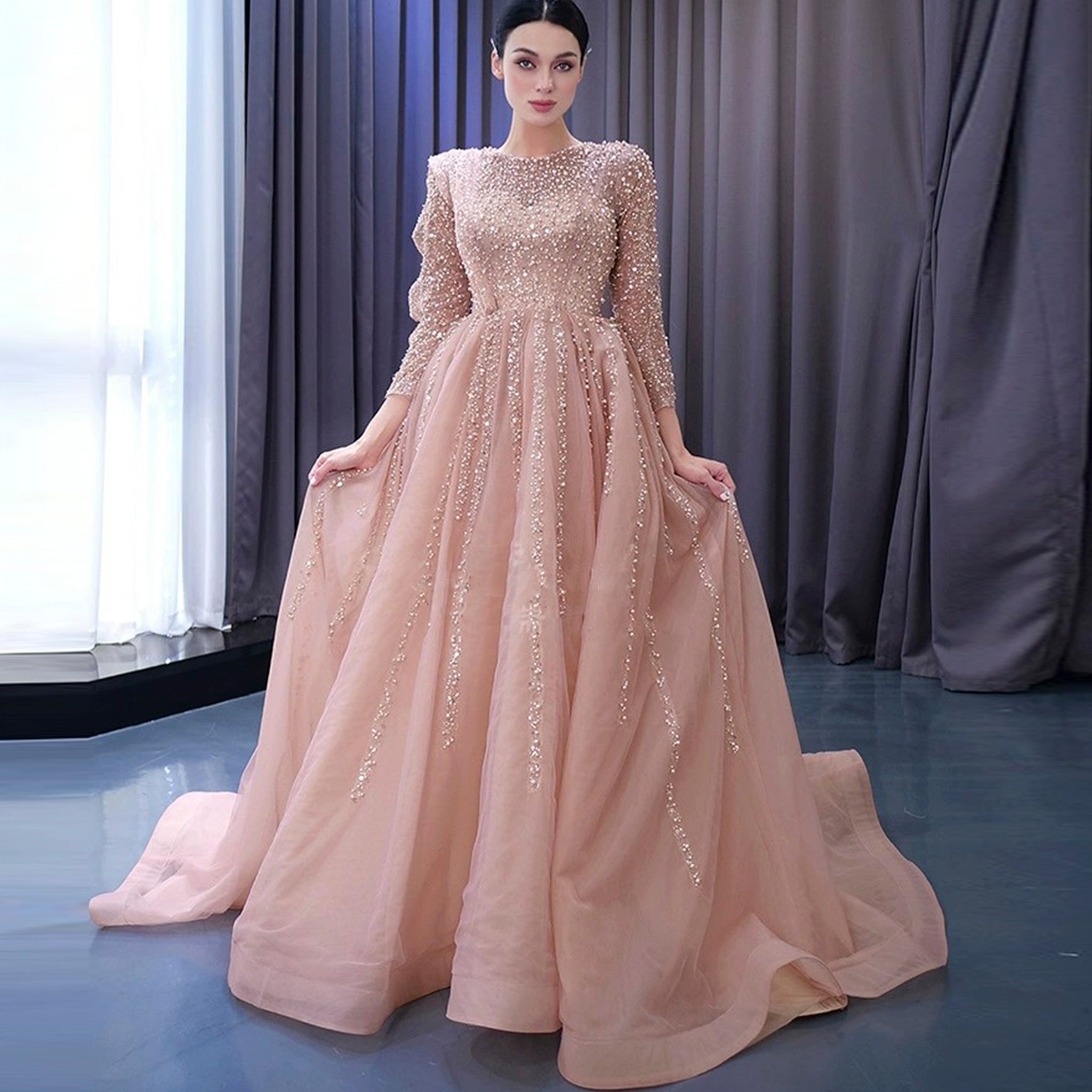 High-end Long Sleeve Ball Gowns Evening Pageant Dress with Pearl Beaded Light Pink / 6 High-end Long Sleeve Ball Gowns Evening Pageant Dress with Pearl Beaded Light Pink / 6