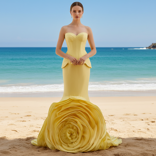 Mermaid Wedding Dress with Dramatic Fabric Rose Base and Structured Corset Bodice