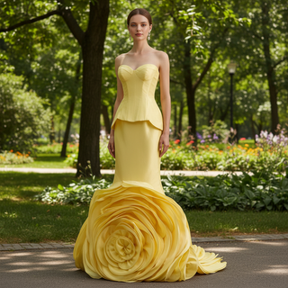 Mermaid Wedding Dress with Dramatic Fabric Rose Base and Structured Corset Bodice
