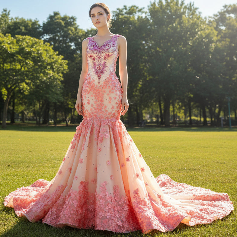 Luxury Mermaid Satin Peach V-neck Beading Prom Dress Peach / 8 Luxury Mermaid Satin Peach V-neck Beading Prom Dress Peach / 8