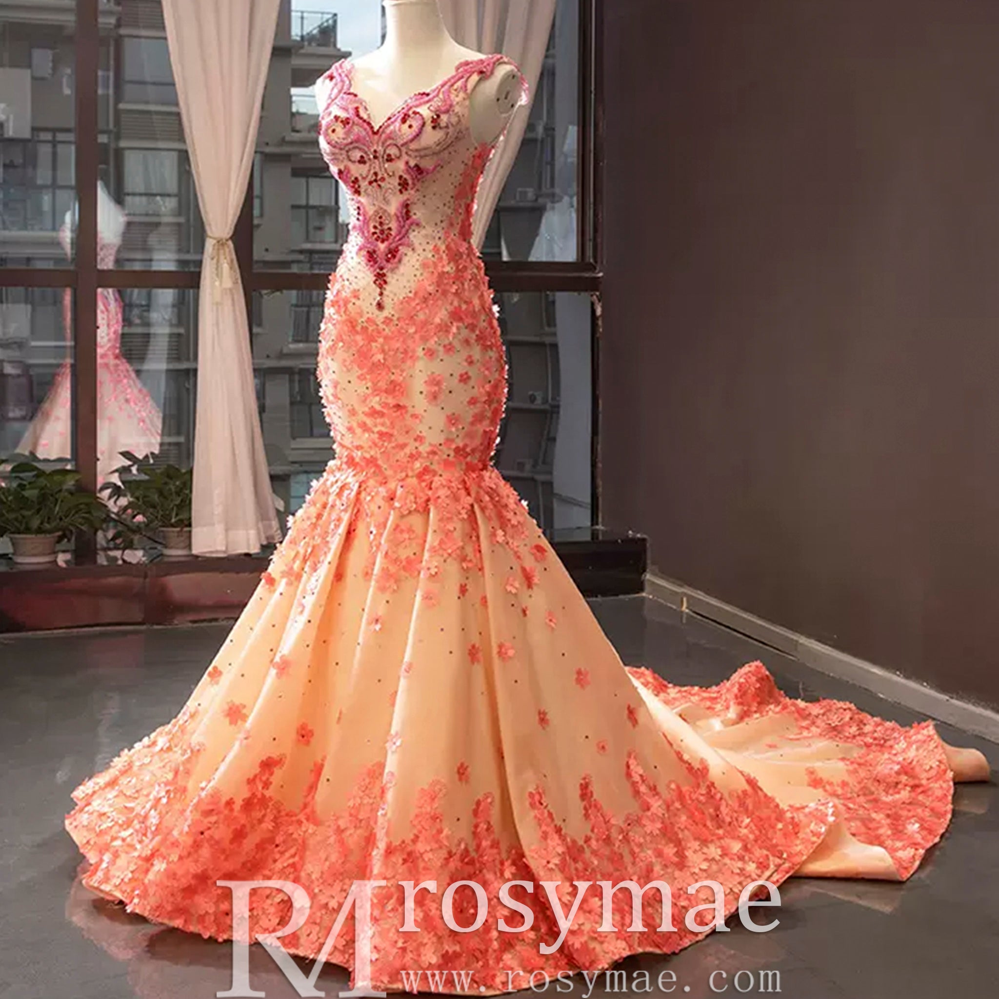 Luxury Mermaid Satin Peach V-neck Beading Prom Dress Rosymae Luxury Mermaid Satin Peach V-neck Beading Prom Dress Rosymae