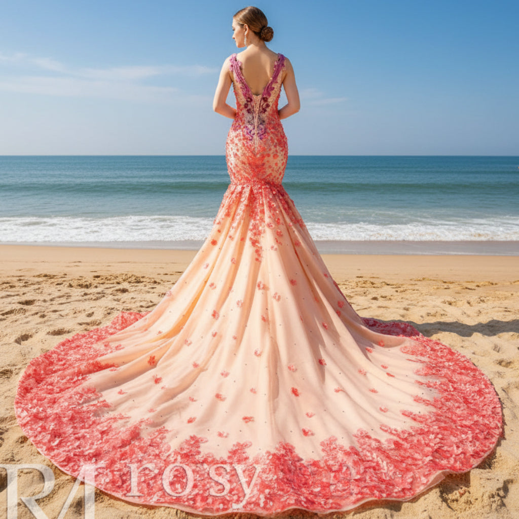 Luxury Mermaid Satin Peach V-neck Beading Prom Dress Rosymae Luxury Mermaid Satin Peach V-neck Beading Prom Dress Rosymae