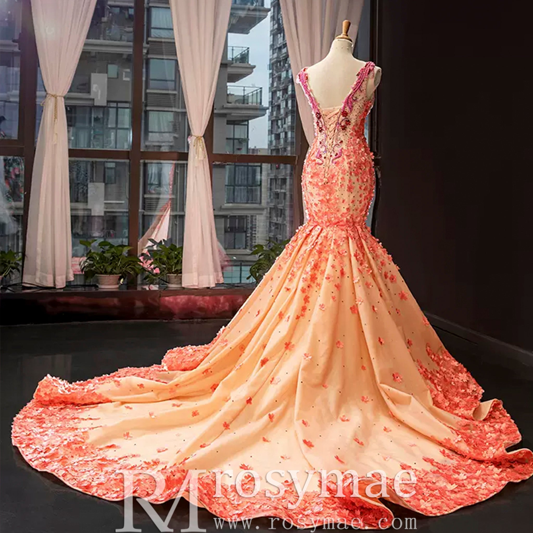 Luxury Mermaid Satin Peach V-Neck Beading Prom Dress Peach / 8 Luxury Mermaid Satin Peach V-Neck Beading Prom Dress Peach / 8