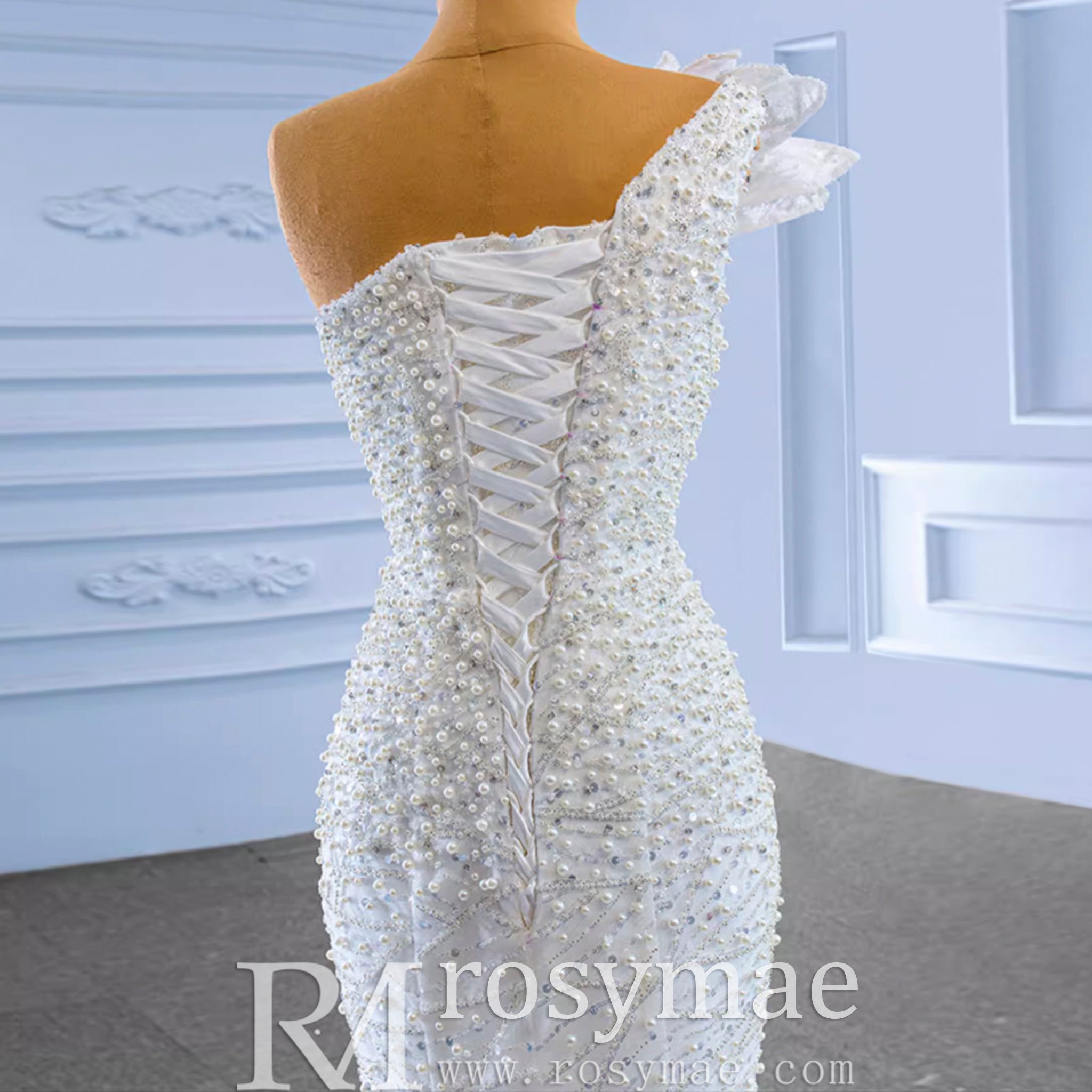 Sparkly Mermaid Sequins Beading Wedding Dress with One Shoulder White / 16W Sparkly Mermaid Sequins Beading Wedding Dress with One Shoulder White / 16W