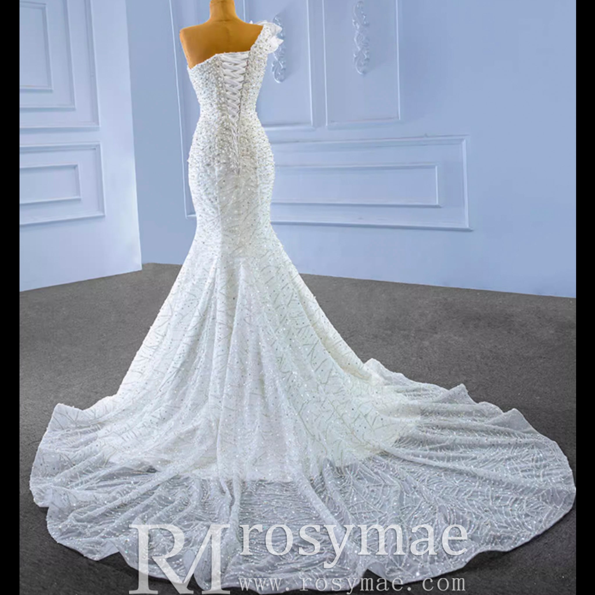 Sparkly Mermaid Sequins Beading Wedding Dress with One Shoulder White / 16W Sparkly Mermaid Sequins Beading Wedding Dress with One Shoulder White / 16W