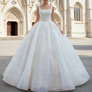 High-end Puffy Skirt Ball Gown Wedding Dress with Square Neckline