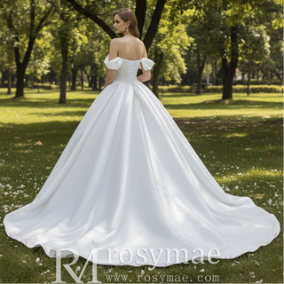 High-End Pearl Satin Ball Gown Wedding Dress with Off Shoulder Sweetheart Bodice
