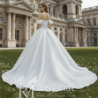 High-End Pearl Satin Ball Gown Wedding Dress with Off Shoulder Sweetheart Bodice