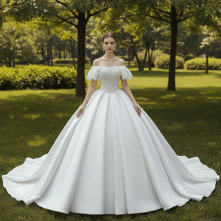 High-End Pearl Satin Ball Gown Wedding Dress with Off Shoulder Sweetheart Bodice