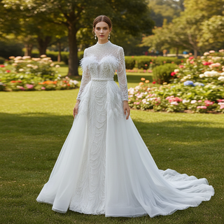 Gorgeous Pearls Ostrich Wedding Dress with Detachable Skirt