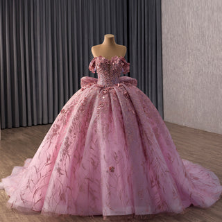 Pink Quinceanera Prom Dress Off-Shoulder Sequins Pearl Appliques with Bow
