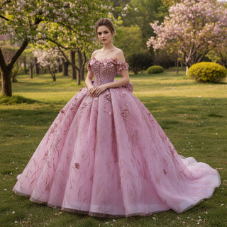 Pink Quinceanera Prom Dress Off-Shoulder Sequins Pearl Appliques with Bow