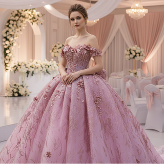 Pink Quinceanera Prom Dress Off-Shoulder Sequins Pearl Appliques with Bow