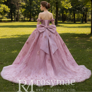 Pink Quinceanera Prom Dress Off-Shoulder Sequins Pearl Appliques with Bow