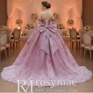 Pink Quinceanera Prom Dress Off-Shoulder Sequins Pearl Appliques with Bow