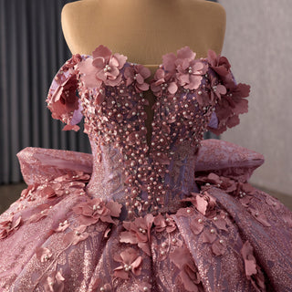 Pink Quinceanera Prom Dress Off-Shoulder Sequins Pearl Appliques with Bow