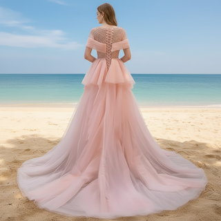 Pink Detachable Train Beading Mermaid Evening Gown See Through Party Dress