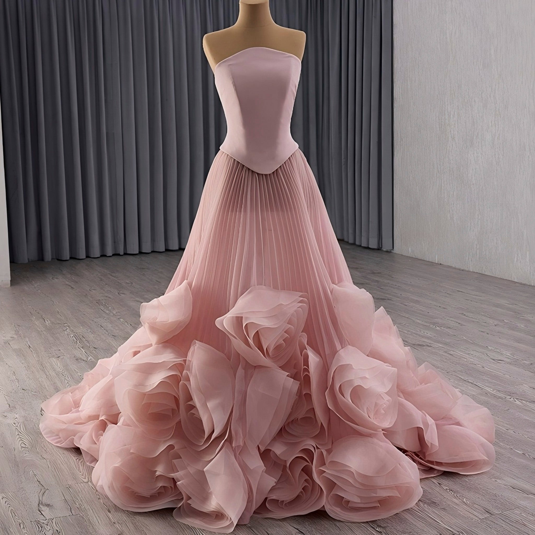 Elegant Strapless Ruffles Long Formal Dress Prom Gown With 3D Flowers Rosymae Elegant Strapless Ruffles Long Formal Dress Prom Gown With 3D Flowers Rosymae