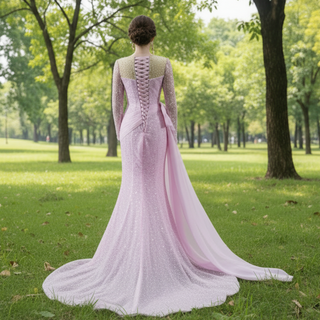 Stylish Beaded Long Sleeve Pink Pageant Gown Mermaid Wedding Dress