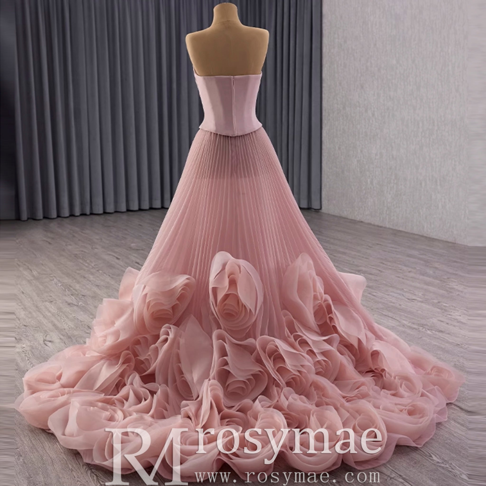 Elegant Strapless Ruffles Long Formal Dress Prom Gown With 3D Flowers Rosymae Elegant Strapless Ruffles Long Formal Dress Prom Gown With 3D Flowers Rosymae