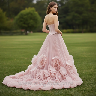 Elegant Strapless Ruffles Long Formal Dress Prom Gown With 3D Flowers