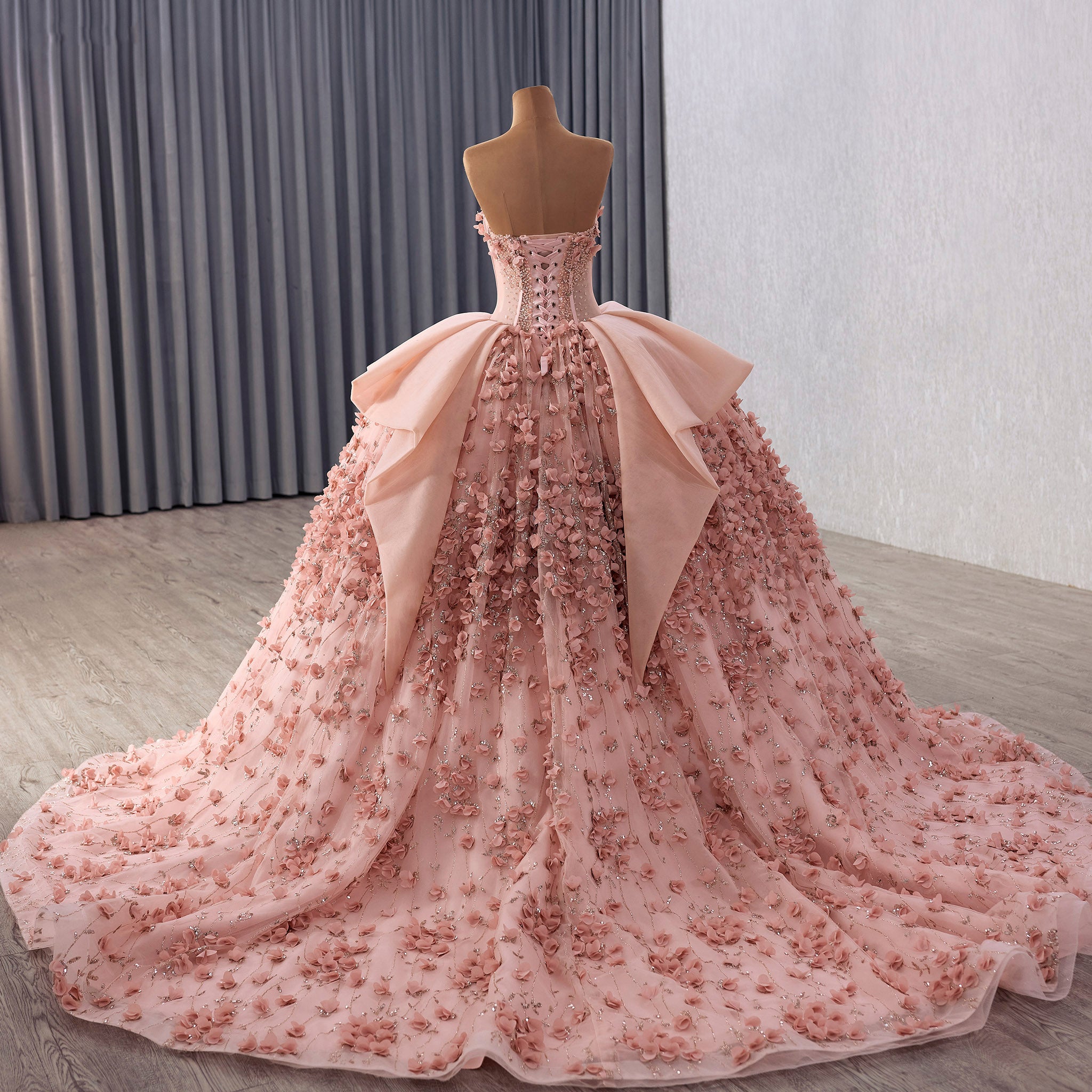 Luxury Blush Puffy 3D Flowers Quinceanera Dress with Detachable Bowknot Custom Colors / 12 Luxury Blush Puffy 3D Flowers Quinceanera Dress with Detachable Bowknot Custom Colors / 12