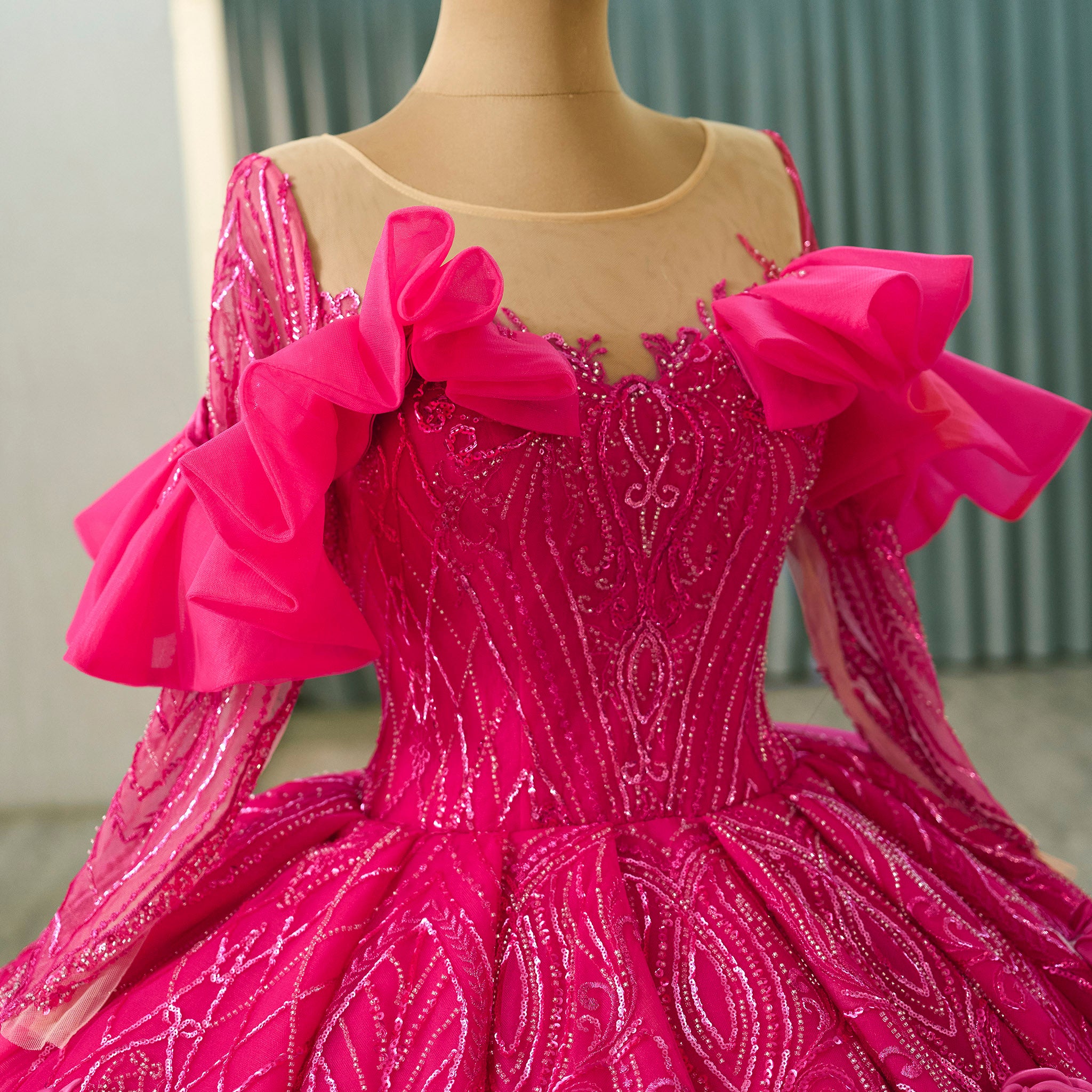 Elegant Hot Pink Long Sleeve 3D Flowers Floral Quinceaera Dress Hot Pink / 18W Elegant Hot Pink Long Sleeve 3D Flowers Floral Quinceaera Dress Hot Pink / 18W