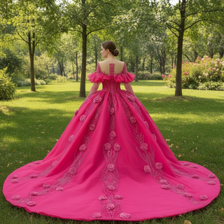 Elegant Hot Pink Long Sleeve 3D Flowers Floral Quinceañera Dress