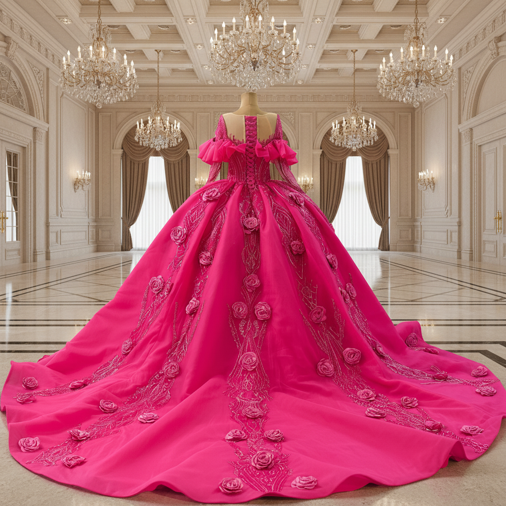Elegant Hot Pink Long Sleeve 3D Flowers Floral Quinceaera Dress Rosymae Elegant Hot Pink Long Sleeve 3D Flowers Floral Quinceaera Dress Rosymae