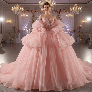 Blush Puffy Skirt Ball Gown Quinceanera Dress with Detachable Sleeve
