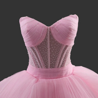 Strapless Pink Ball Gown Formal Dress with Illusion Corset Bodice & Cascading Ruffled Skirt