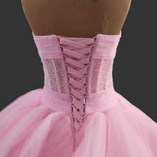 Strapless Pink Ball Gown Formal Dress with Illusion Corset Bodice & Cascading Ruffled Skirt
