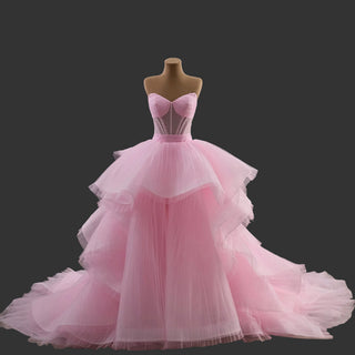 Strapless Pink Ball Gown Formal Dress with Illusion Corset Bodice & Cascading Ruffled Skirt