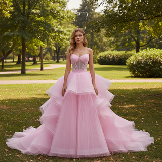 Strapless Pink Ball Gown Formal Dress with Illusion Corset Bodice & Cascading Ruffled Skirt