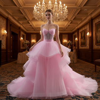 Strapless Pink Ball Gown Formal Dress with Illusion Corset Bodice & Cascading Ruffled Skirt