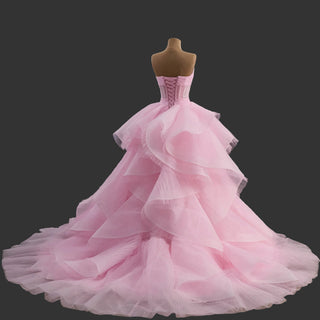 Strapless Pink Ball Gown Formal Dress with Illusion Corset Bodice & Cascading Ruffled Skirt
