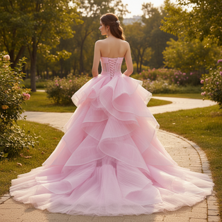 Strapless Pink Ball Gown Formal Dress with Illusion Corset Bodice & Cascading Ruffled Skirt