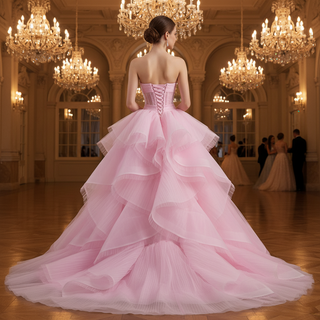 Strapless Pink Ball Gown Formal Dress with Illusion Corset Bodice & Cascading Ruffled Skirt