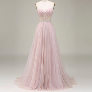 Romantic Light Pink Exposed Boning A-Line Prom Dress with Sweetheart Corset