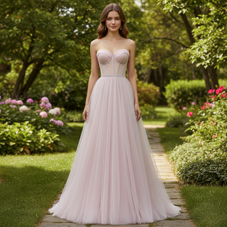 Romantic Light Pink Exposed Boning A-Line Prom Dress with Sweetheart Corset
