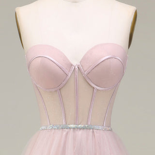 Romantic Light Pink Exposed Boning A-Line Prom Dress with Sweetheart Corset