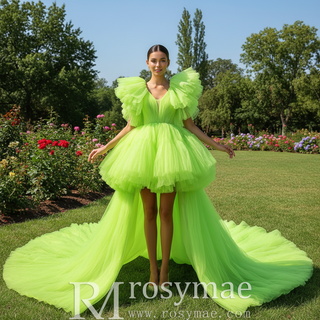 High Low Tiered Pageant Dress Ruffled Prom Gown with Puffy Sleeve