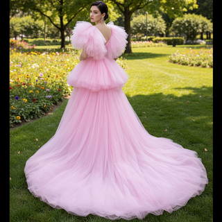 High Low Tiered Pageant Dress Ruffled Prom Gown with Puffy Sleeve